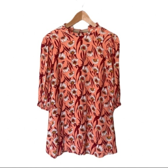 FOREVER 21 Coral Floral Print High Neck Long Sleeve Mini Dress Size Small - Picture 1 of 13